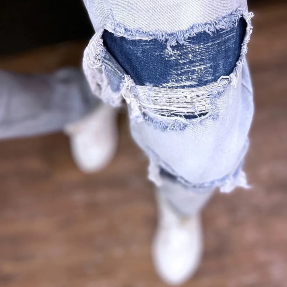 『新品上市』重磅三洞藍補丁小直筒褲(NOF22033103)-細節圖2