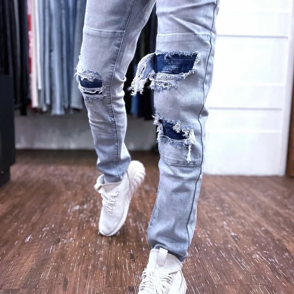 『新品上市』重磅三洞藍補丁小直筒褲(NOF22033103)-細節圖3