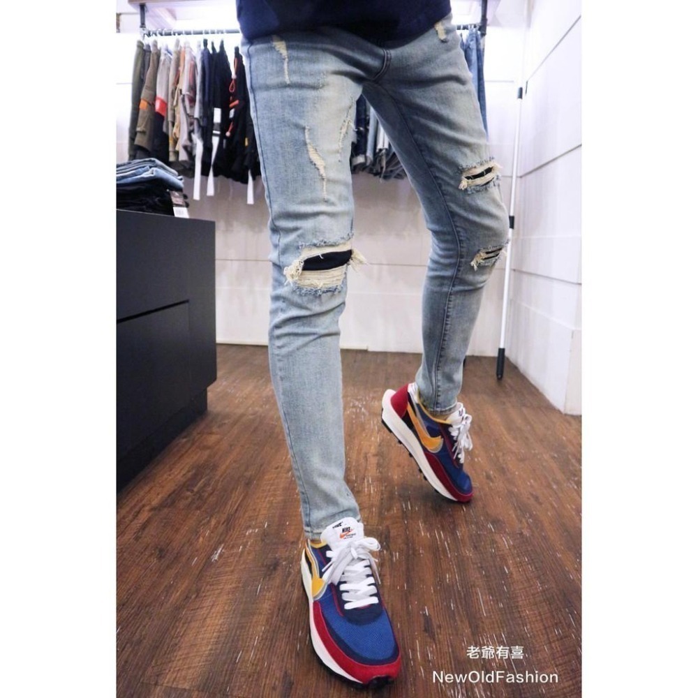 『老爺有喜』重磅淺刷白膝破壞補丁牛仔小直筒褲 彈性抽鬚 牛仔破褲 顯瘦 修身 窄管 補丁破壞 水洗刷白 水泥灰 牛仔褲-細節圖2