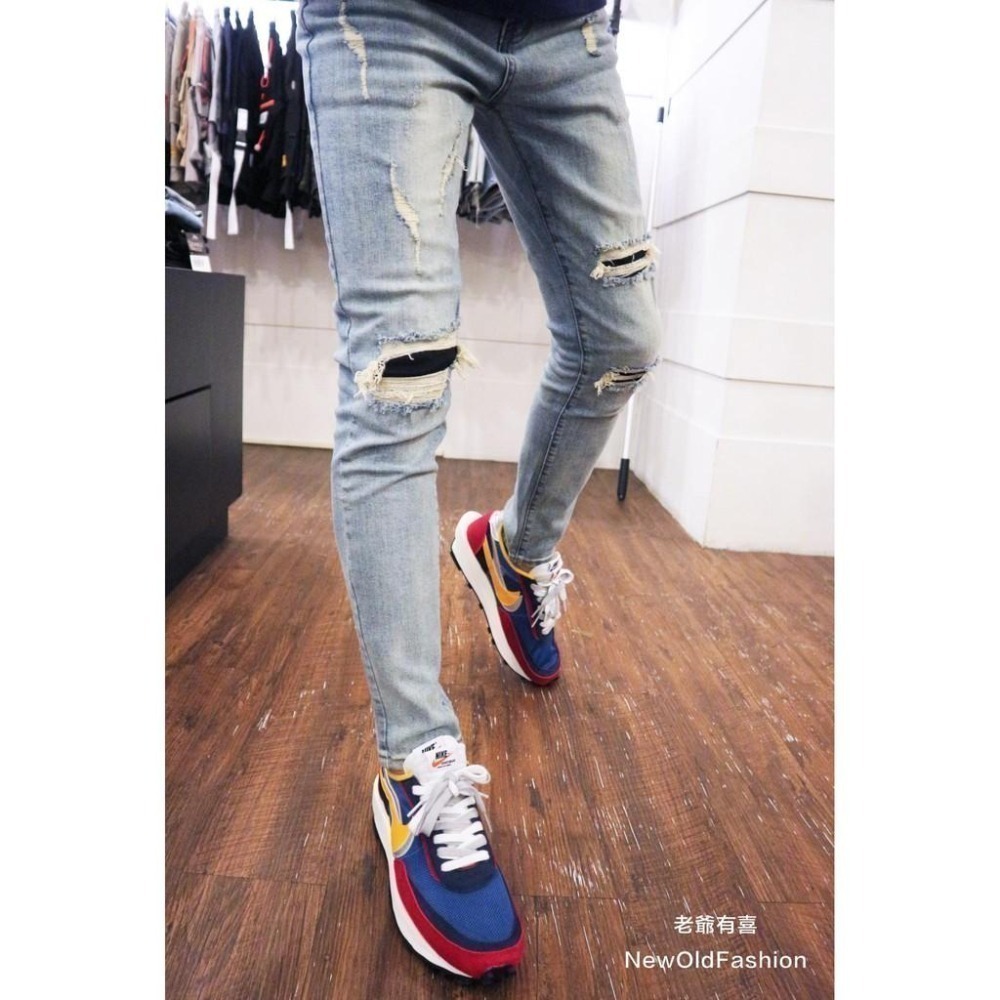 『老爺有喜』重磅淺刷白膝破壞補丁牛仔小直筒褲 彈性抽鬚 牛仔破褲 顯瘦 修身 窄管 補丁破壞 水洗刷白 水泥灰 牛仔褲-細節圖6