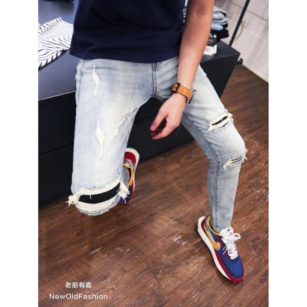 『老爺有喜』重磅淺刷白膝破壞補丁牛仔小直筒褲 彈性抽鬚 牛仔破褲 顯瘦 修身 窄管 補丁破壞 水洗刷白 水泥灰 牛仔褲-細節圖7
