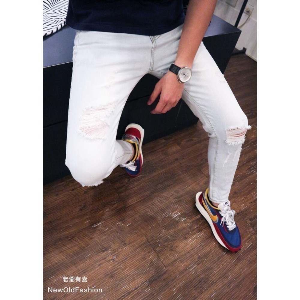 『老爺有喜』重磅淺刷白破壞貓鬚牛仔小直筒褲 彈性抽鬚 牛仔破褲 顯瘦修身窄管 補丁破壞牛仔褲 極淺刷色 水泥灰 白灰霧灰-細節圖5