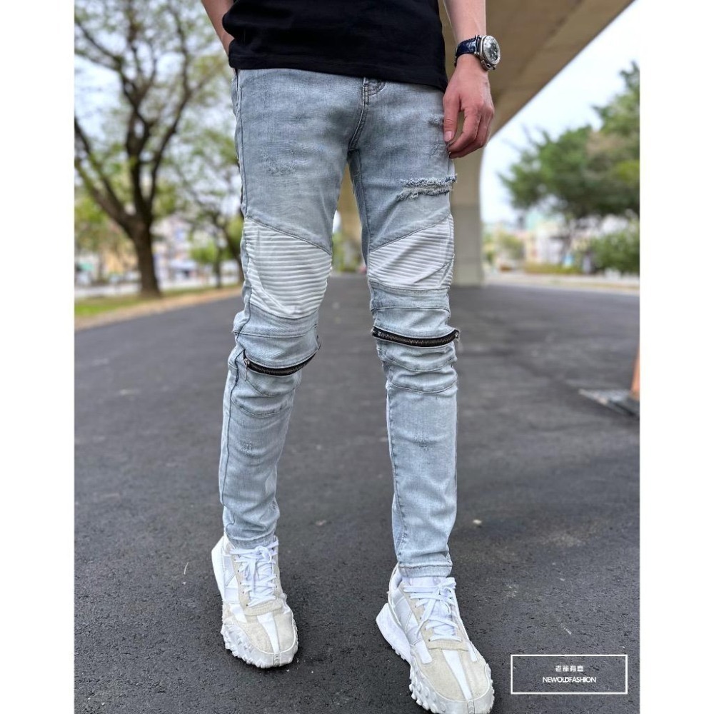 『老爺有喜』重磅淺灰白補丁膝拉鍊機車褲 皮革拼接 彈性抽鬚 牛仔破褲 顯瘦修身窄管 破壞牛仔褲(NOF2203613)-細節圖7