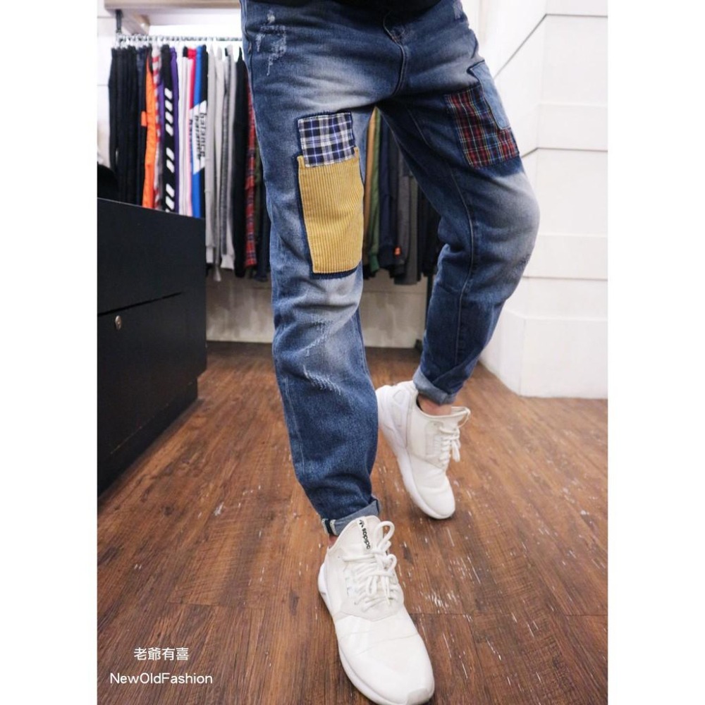 『老爺有喜』重磅超高拼布工藝刷白牛仔直筒褲 工裝褲 拼接工藝 寬褲 阿美咔嘰 日系 硬挺版型 工作褲 牛仔褲-細節圖2