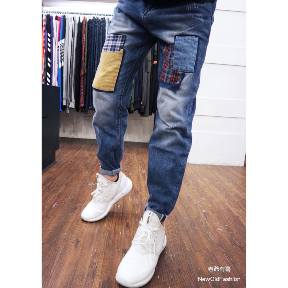 『老爺有喜』重磅超高拼布工藝刷白牛仔直筒褲 工裝褲 拼接工藝 寬褲 阿美咔嘰 日系 硬挺版型 工作褲 牛仔褲-細節圖3