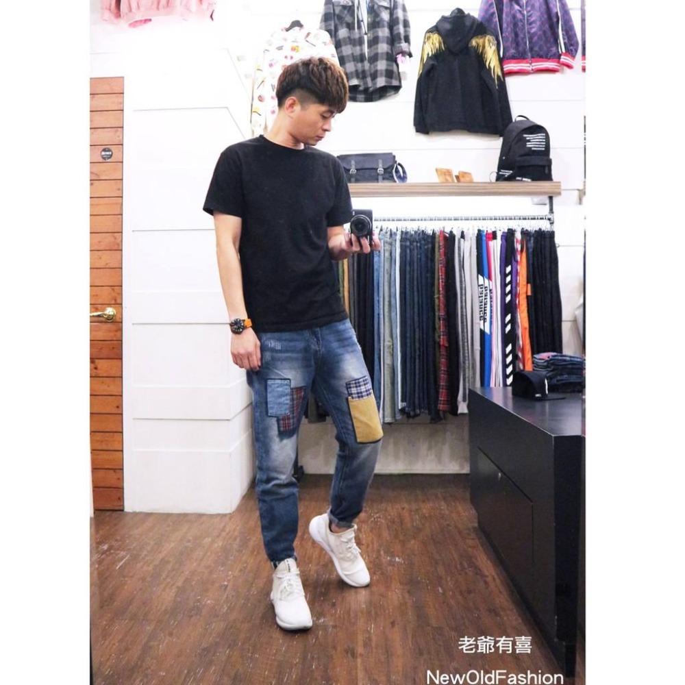 『老爺有喜』重磅超高拼布工藝刷白牛仔直筒褲 工裝褲 拼接工藝 寬褲 阿美咔嘰 日系 硬挺版型 工作褲 牛仔褲-細節圖4