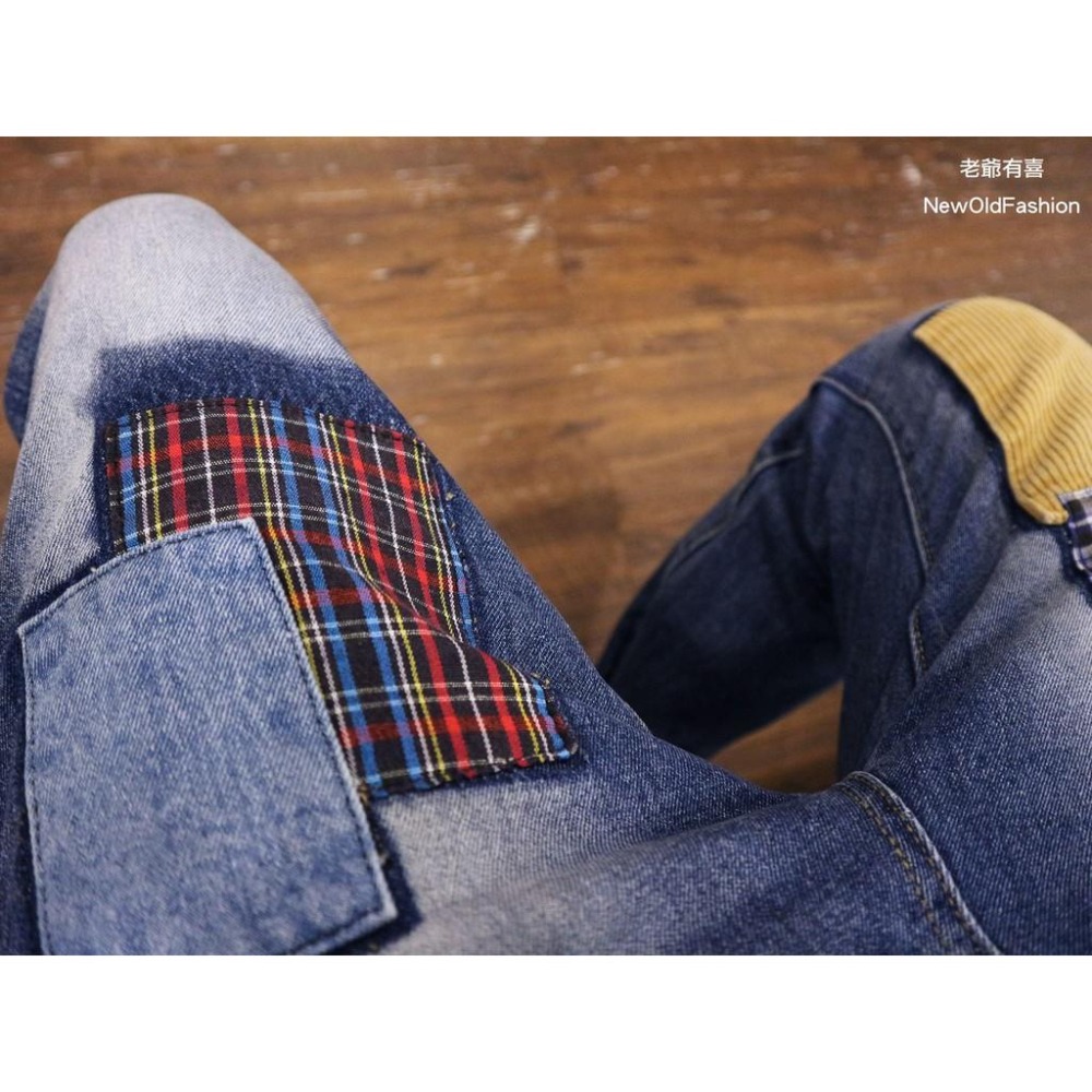 『老爺有喜』重磅超高拼布工藝刷白牛仔直筒褲 工裝褲 拼接工藝 寬褲 阿美咔嘰 日系 硬挺版型 工作褲 牛仔褲-細節圖7