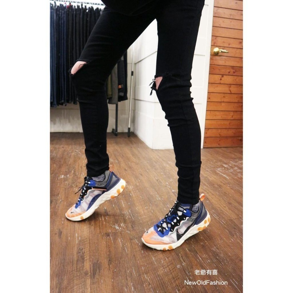 『老爺有喜』重磅T字破壞膝刀割彈性小直筒褲 黑褲 刀割 全黑 牛仔褲 牛仔破褲 顯瘦修身窄管 補丁破壞 深色牛仔褲-細節圖4