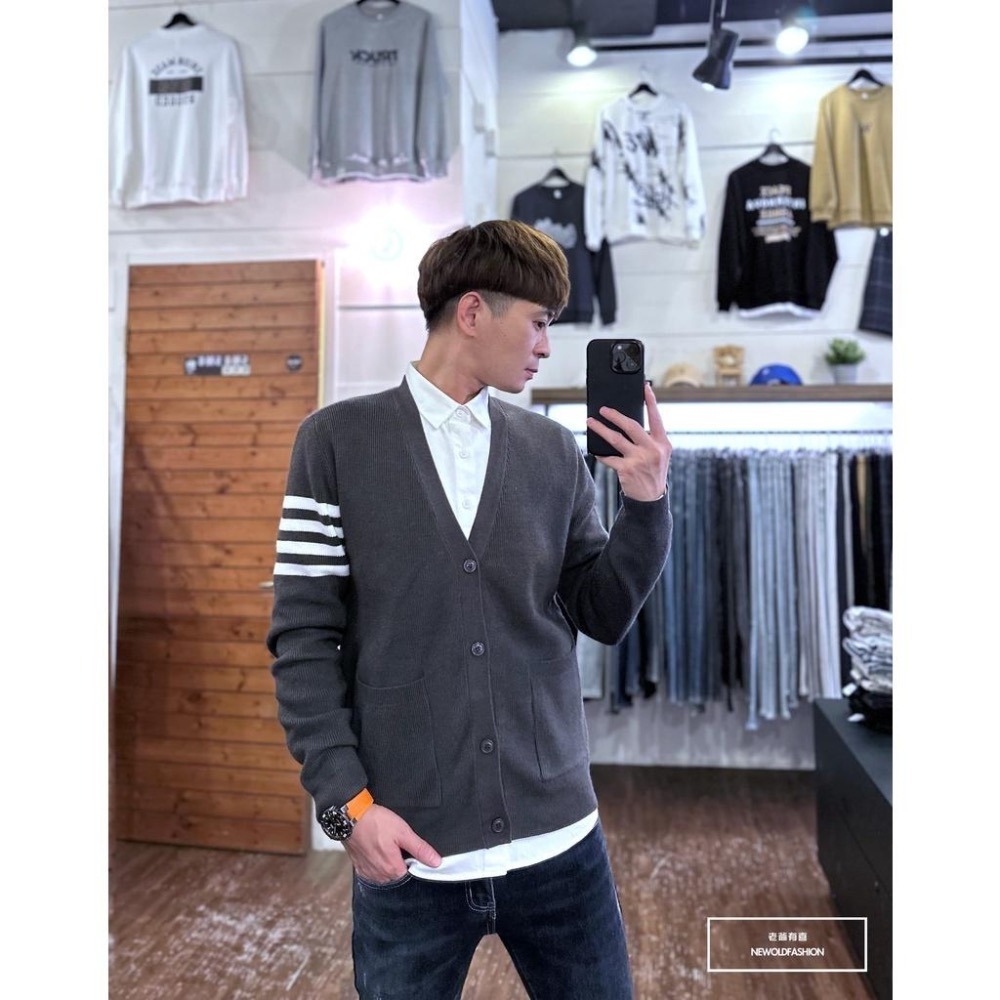 『老爺有喜』重磅四線條開襟針織罩衫-灰(NOF2210C67004)-細節圖3