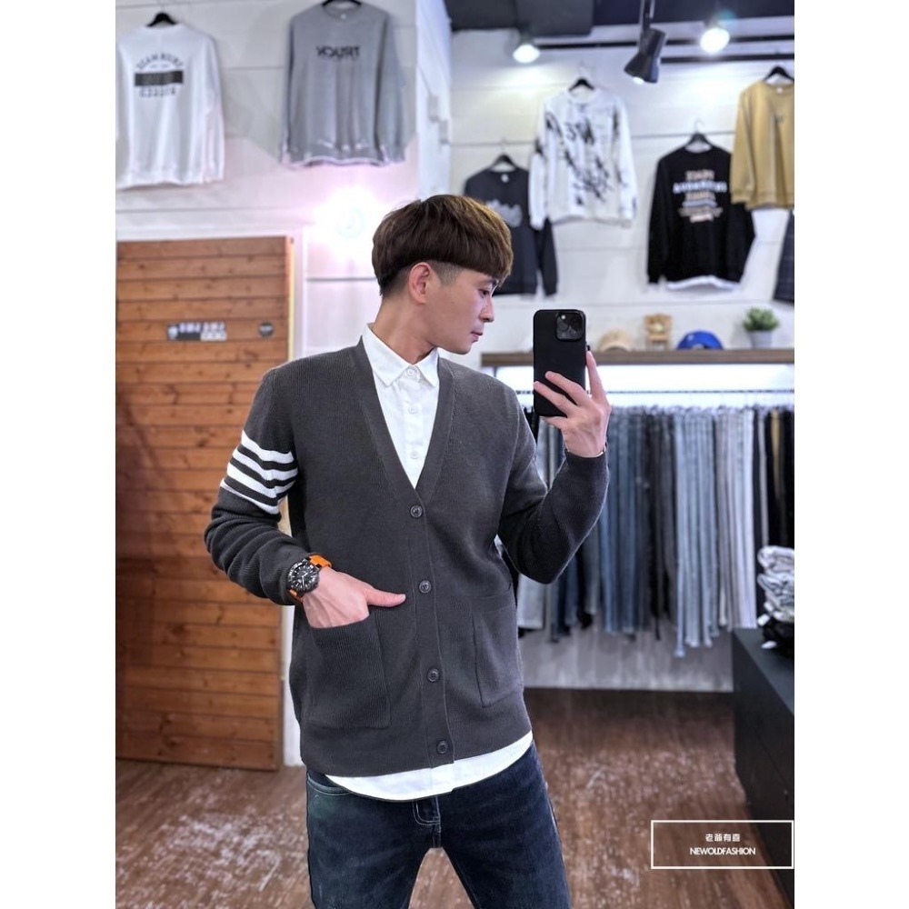 『老爺有喜』重磅四線條開襟針織罩衫-灰(NOF2210C67004)-細節圖6