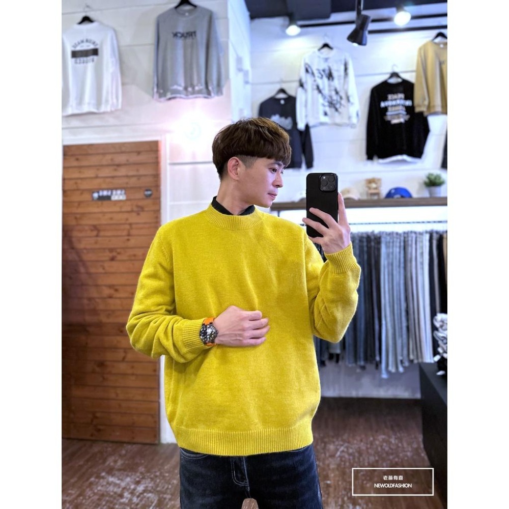 『老爺有喜』重磅圓領毛呢素色針織衫-芥末黃(NOF221067001)-細節圖6