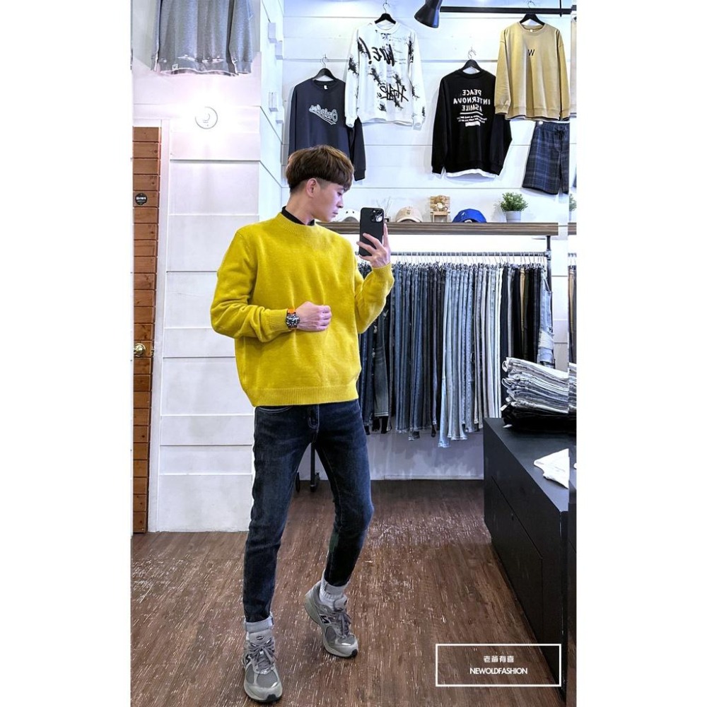 『老爺有喜』重磅圓領毛呢素色針織衫-芥末黃(NOF221067001)-細節圖8