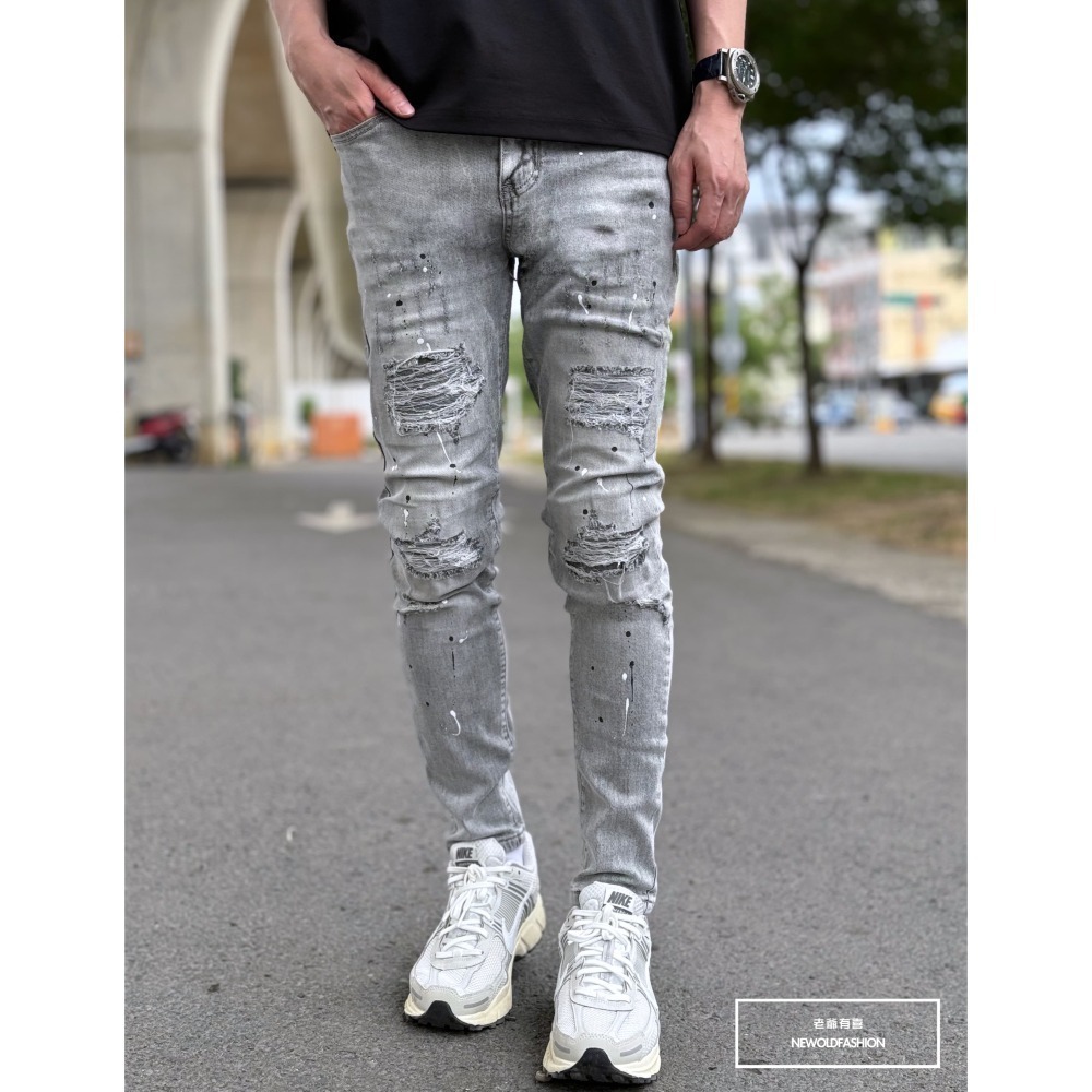 『老爺有喜』重磅黑白潑漆灰補丁小直筒褲 水泥灰彈性抽鬚 牛仔破褲 顯瘦修身窄管 補丁破壞牛仔褲(NOF22063583)-細節圖3