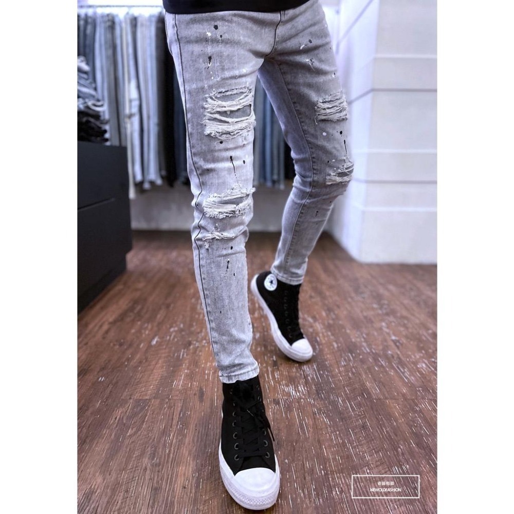 『老爺有喜』重磅黑白潑漆灰補丁小直筒褲 水泥灰彈性抽鬚 牛仔破褲 顯瘦修身窄管 補丁破壞牛仔褲(NOF22063583)-細節圖5