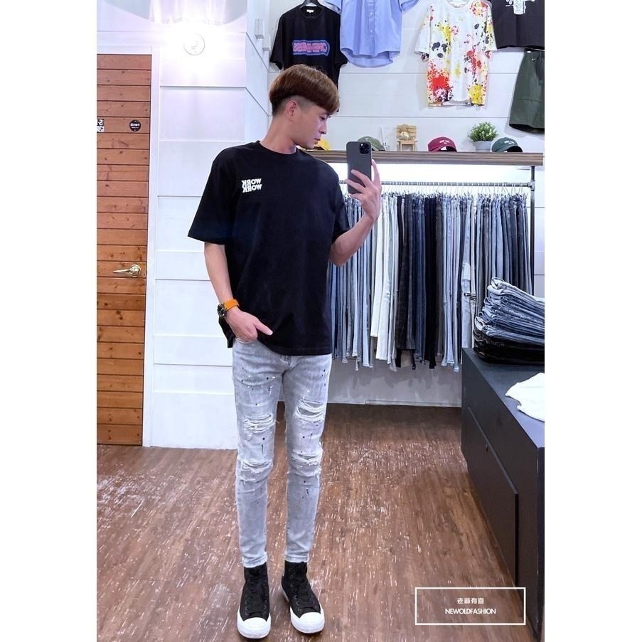 『老爺有喜』重磅黑白潑漆灰補丁小直筒褲 水泥灰彈性抽鬚 牛仔破褲 顯瘦修身窄管 補丁破壞牛仔褲(NOF22063583)-細節圖2