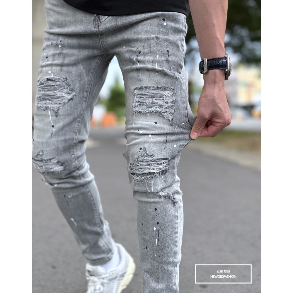 『老爺有喜』重磅黑白潑漆灰補丁小直筒褲 水泥灰彈性抽鬚 牛仔破褲 顯瘦修身窄管 補丁破壞牛仔褲(NOF22063583)-細節圖6