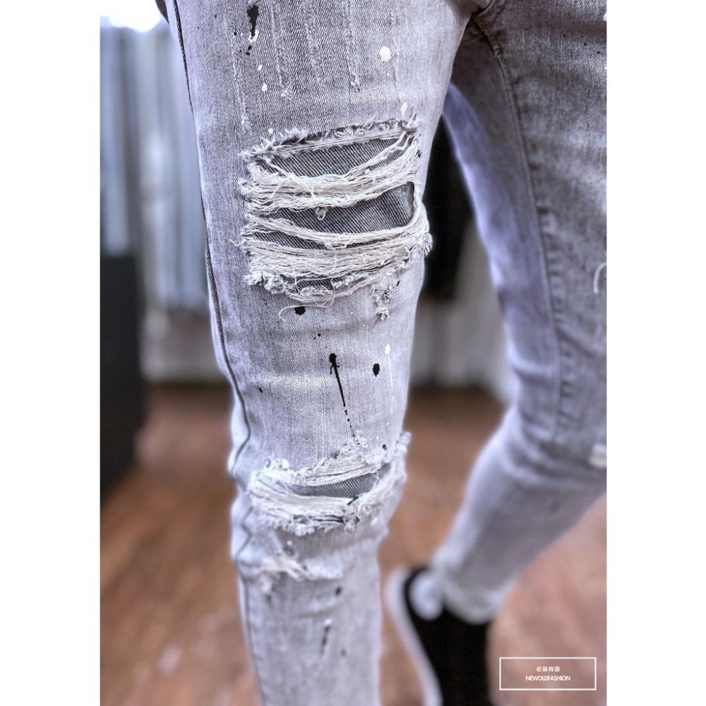 『老爺有喜』重磅黑白潑漆灰補丁小直筒褲 水泥灰彈性抽鬚 牛仔破褲 顯瘦修身窄管 補丁破壞牛仔褲(NOF22063583)-細節圖7