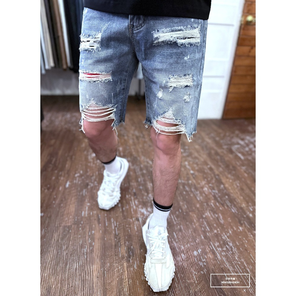 『新品上市』重磅格紋紅補丁不修邊牛仔短褲 破壞貓鬚 日系 阿美咔嘰 牛仔褲 工裝 短褲 五分褲(NOF2303186)-細節圖7