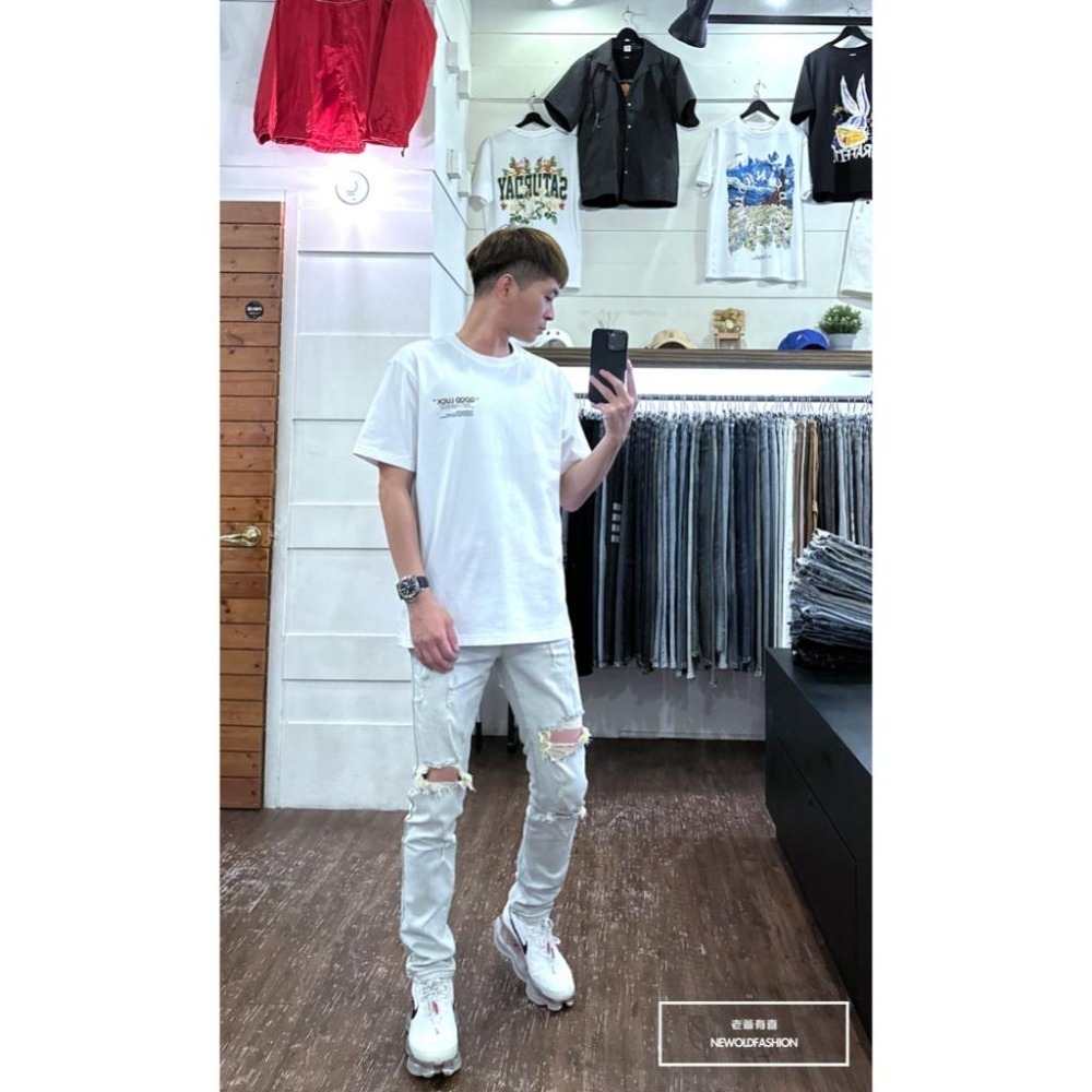 『新品上市』重磅水洗貓抓破壞小直筒 彈性極佳 牛仔破褲 顯瘦修身窄管 牛仔褲 極淺水洗 牛仔褲(NOF23063117)-細節圖6