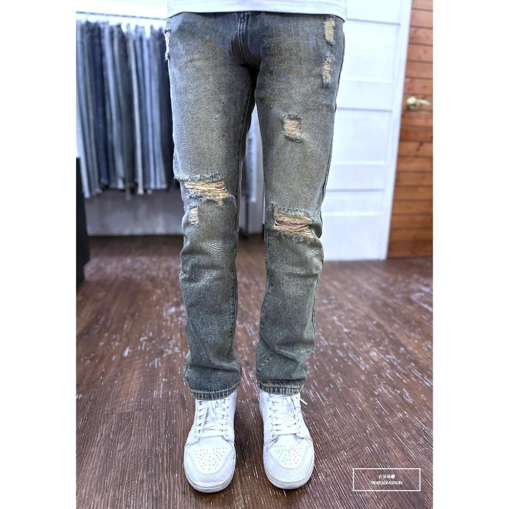 『新品上市』重磅仿舊破壞中直筒 仿舊水洗 膝破壞抽鬚 寬版中直筒褲 男生牛仔褲(NOF2306L667)-細節圖3