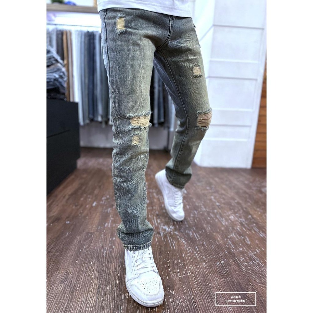 『新品上市』重磅仿舊破壞中直筒 仿舊水洗 膝破壞抽鬚 寬版中直筒褲 男生牛仔褲(NOF2306L667)-細節圖5