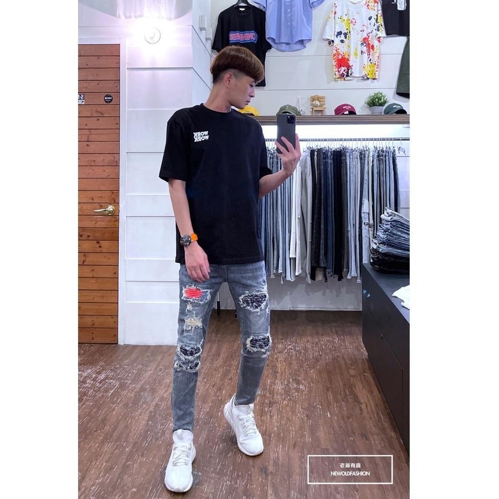 『老爺有喜』重磅紅藍波浪紋補丁小直筒褲 牛仔褲 牛仔破褲 顯瘦修身窄管 補丁破壞 淺色牛仔褲(NOF22063525)-細節圖3