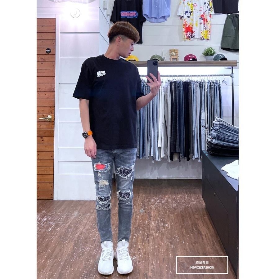 『老爺有喜』重磅紅藍波浪紋補丁小直筒褲 牛仔褲 牛仔破褲 顯瘦修身窄管 補丁破壞 淺色牛仔褲(NOF22063525)-細節圖8