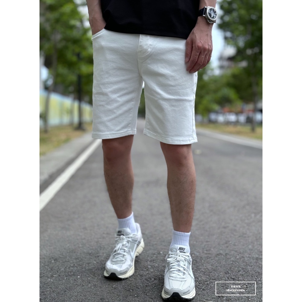 『新品上市』重磅全彈性素色牛仔短褲 素色短褲 日系 阿美咔嘰 牛仔褲 白色短褲 五分褲(NOF2302289)-白-細節圖3