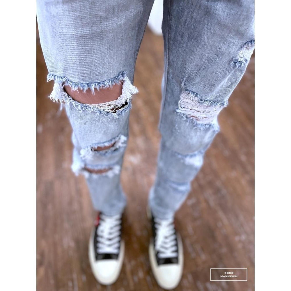 『老爺有喜』重磅不對稱多破壞小直筒褲 彈性抽鬚 牛仔破褲 顯瘦修身窄管 補丁破壞 牛仔褲(NOF22063110)-細節圖2