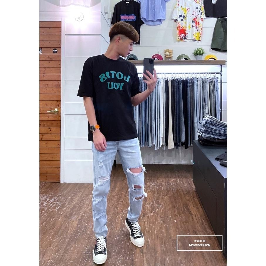 『老爺有喜』重磅不對稱多破壞小直筒褲 彈性抽鬚 牛仔破褲 顯瘦修身窄管 補丁破壞 牛仔褲(NOF22063110)-細節圖3