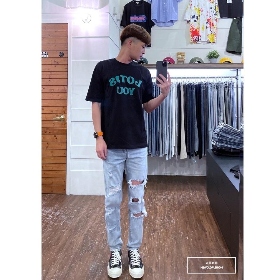 『老爺有喜』重磅不對稱多破壞小直筒褲 彈性抽鬚 牛仔破褲 顯瘦修身窄管 補丁破壞 牛仔褲(NOF22063110)-細節圖5