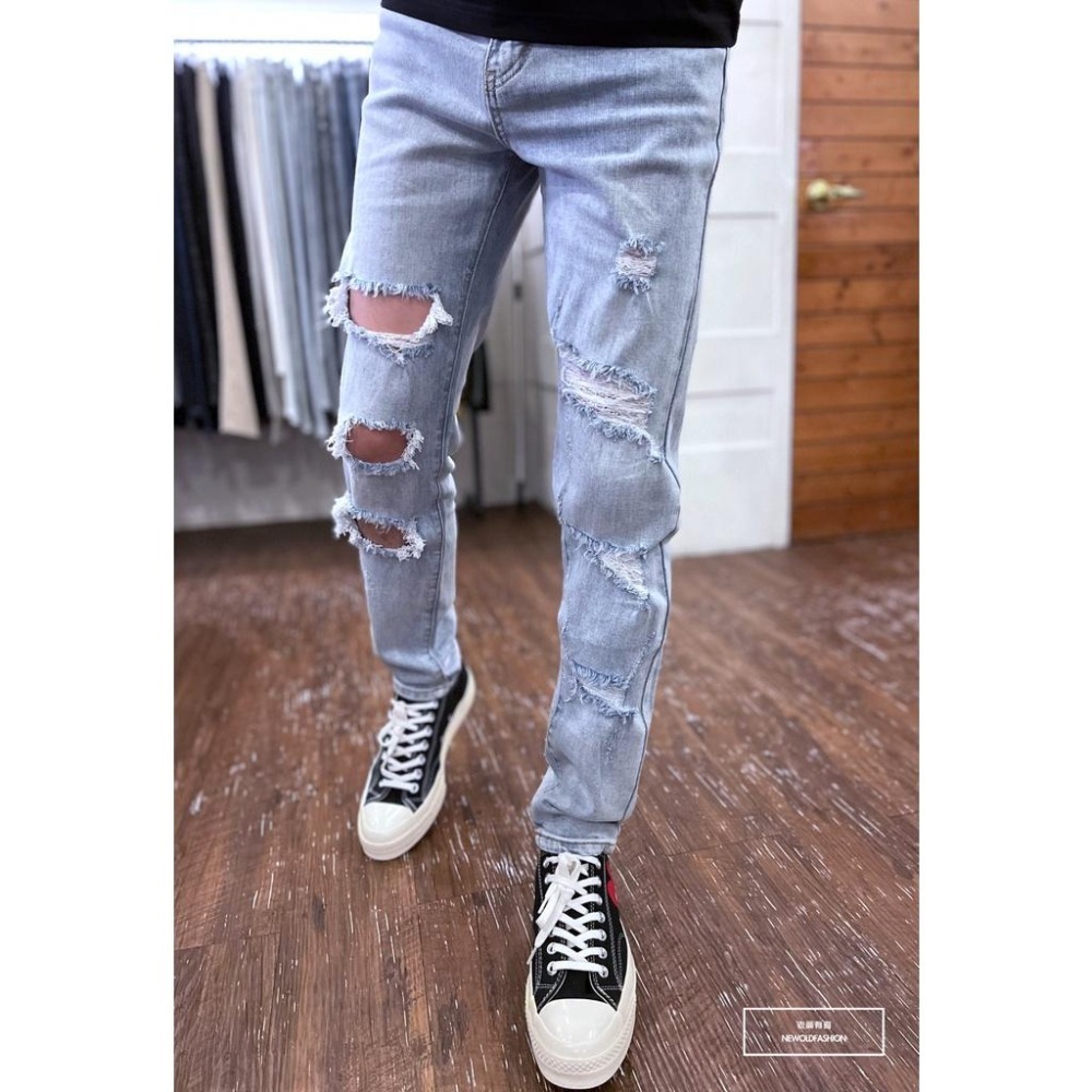 『老爺有喜』重磅不對稱多破壞小直筒褲 彈性抽鬚 牛仔破褲 顯瘦修身窄管 補丁破壞 牛仔褲(NOF22063110)-細節圖6