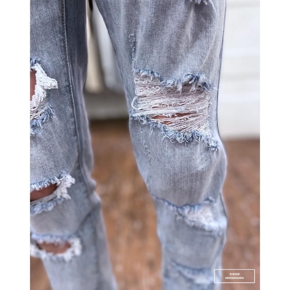 『老爺有喜』重磅不對稱多破壞小直筒褲 彈性抽鬚 牛仔破褲 顯瘦修身窄管 補丁破壞 牛仔褲(NOF22063110)-細節圖7