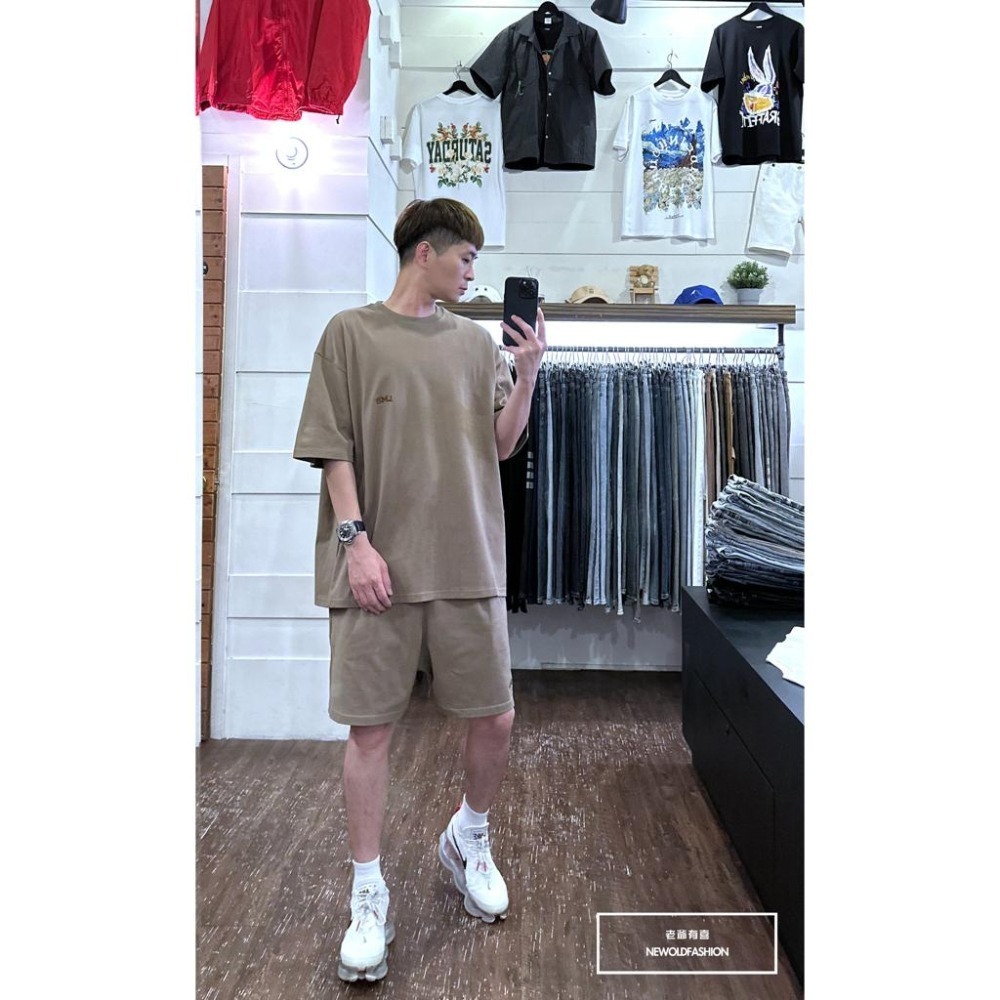 『新品上市』重磅LMG刺繡棉質短褲 抽繩棉褲 鬆緊棉短褲 素面 純棉 棉質 阿美咔嘰 仿舊復古做舊水洗 男生短褲-卡其-細節圖3