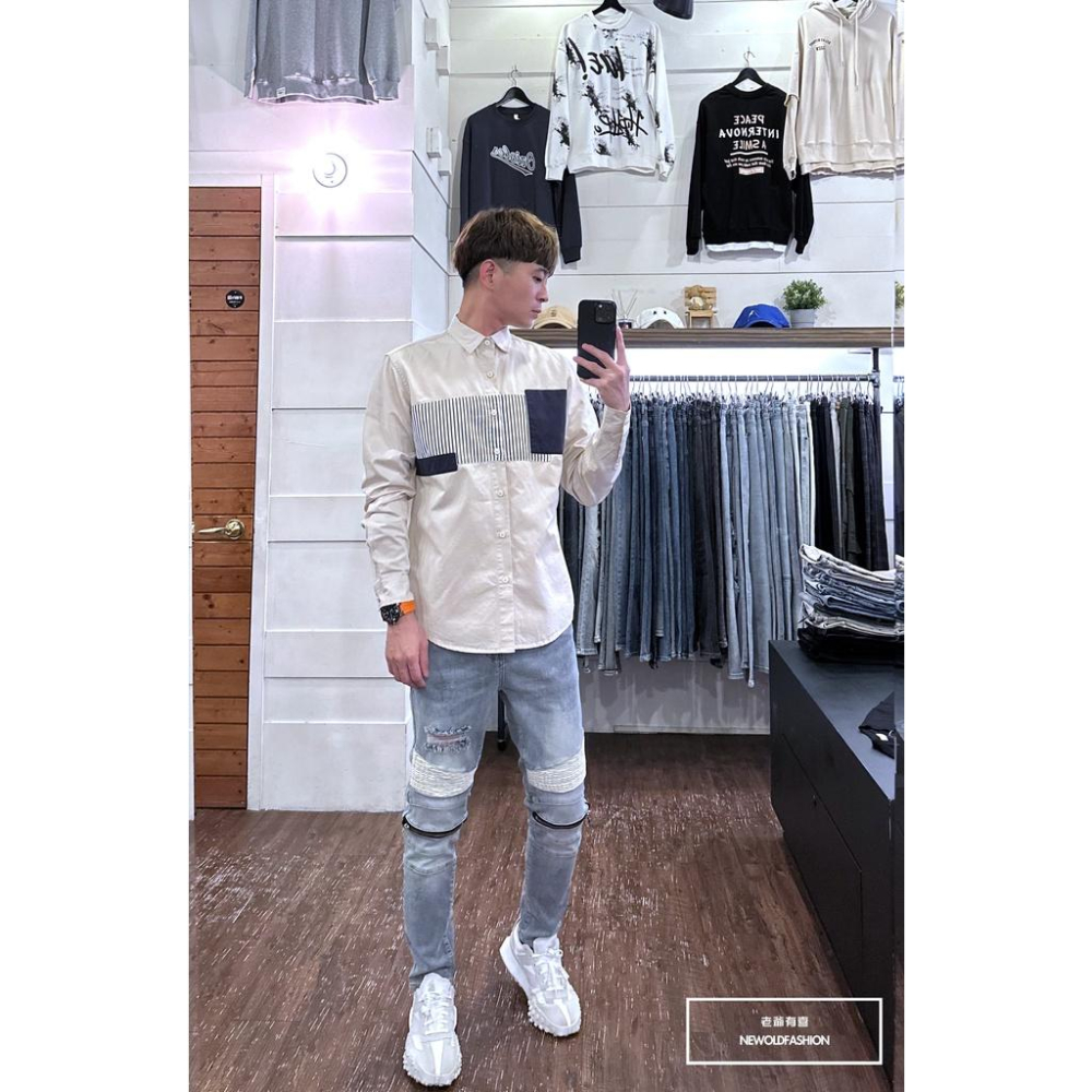 『老爺有喜』重磅異材質橫列拼接襯衫-米(NOF2209B8875)-細節圖4