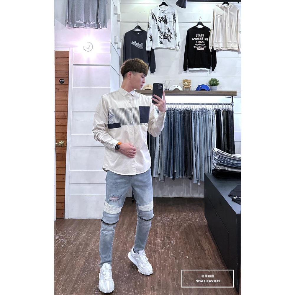 『老爺有喜』重磅異材質橫列拼接襯衫-米(NOF2209B8875)-細節圖5