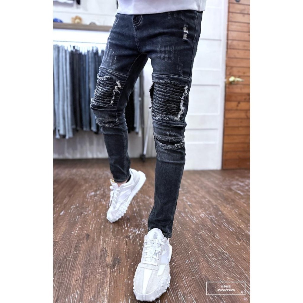 『老爺有喜』重磅深藍機車補丁小直筒 機車褲 彈性抽鬚 牛仔破褲 顯瘦修身窄管 補丁破壞牛仔褲(NOF22093681)-細節圖4