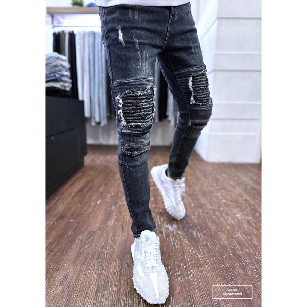 『老爺有喜』重磅深藍機車補丁小直筒 機車褲 彈性抽鬚 牛仔破褲 顯瘦修身窄管 補丁破壞牛仔褲(NOF22093681)-細節圖7
