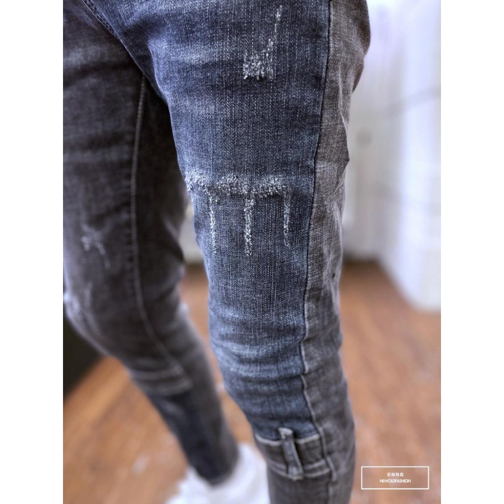 『老爺有喜』重磅雙色拼接貓抓小直筒褲 燻黑 彈性抽鬚 牛仔破褲 顯瘦修身窄管 補丁破壞牛仔褲(NOF22083631)-細節圖3