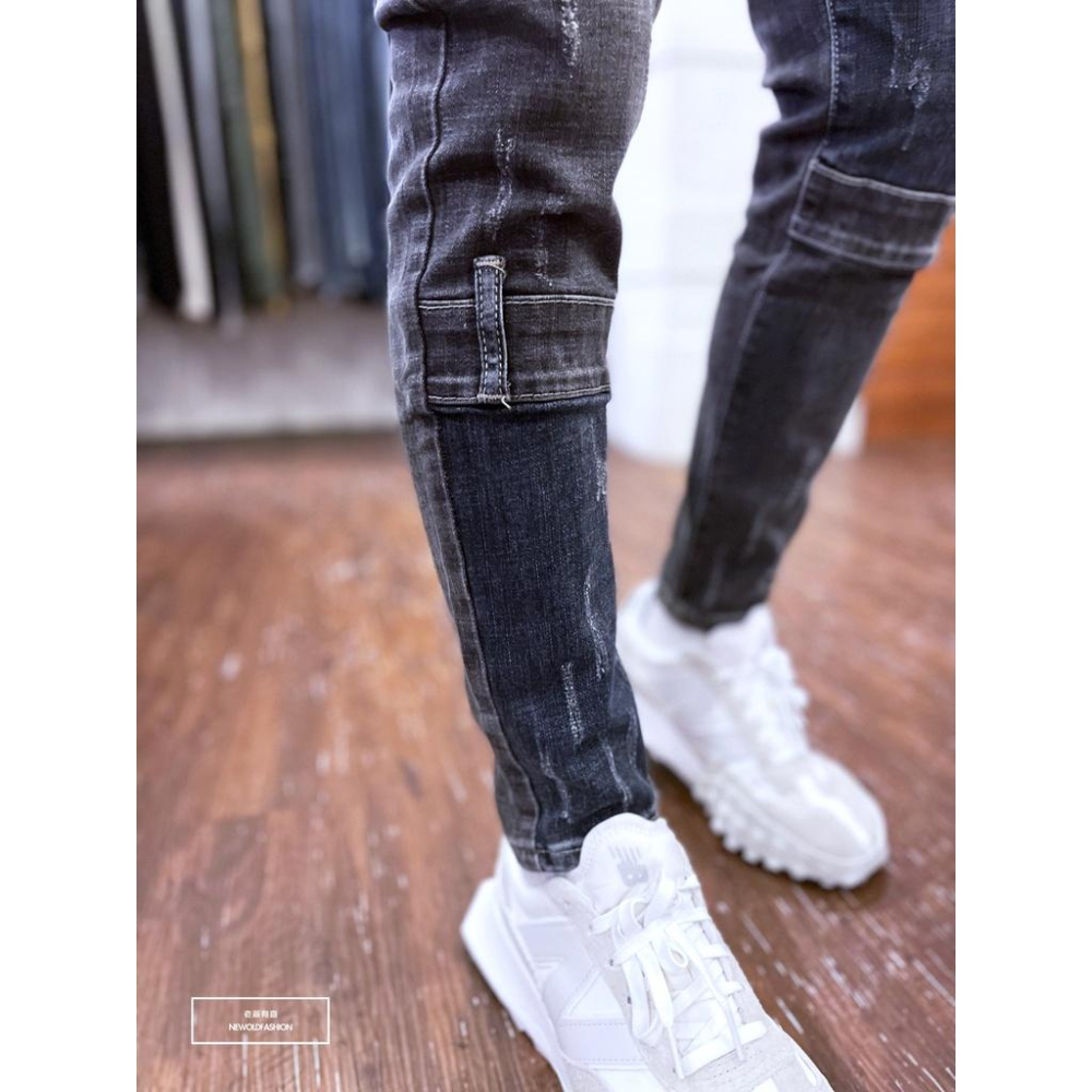 『老爺有喜』重磅雙色拼接貓抓小直筒褲 燻黑 彈性抽鬚 牛仔破褲 顯瘦修身窄管 補丁破壞牛仔褲(NOF22083631)-細節圖6
