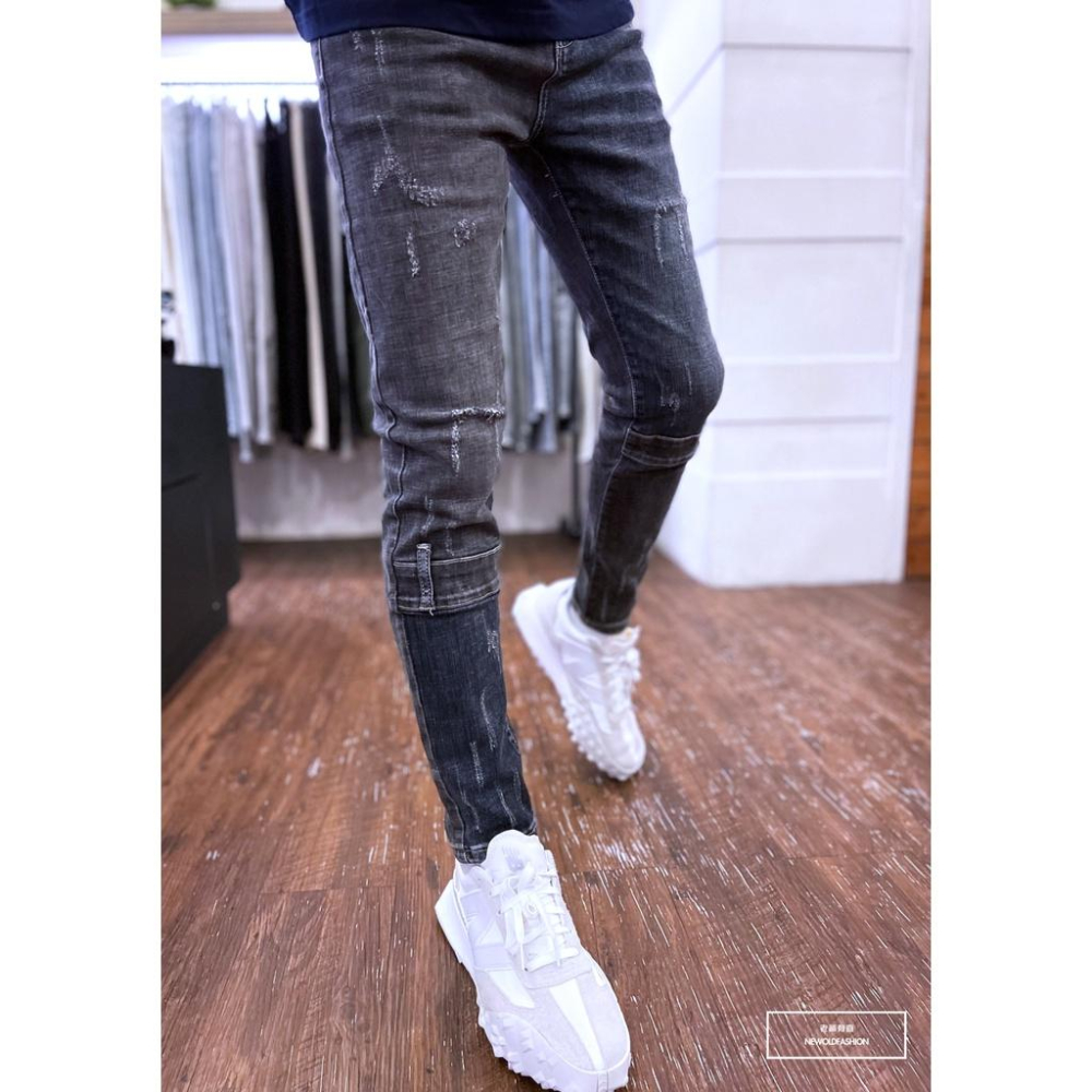 『老爺有喜』重磅雙色拼接貓抓小直筒褲 燻黑 彈性抽鬚 牛仔破褲 顯瘦修身窄管 補丁破壞牛仔褲(NOF22083631)-細節圖7