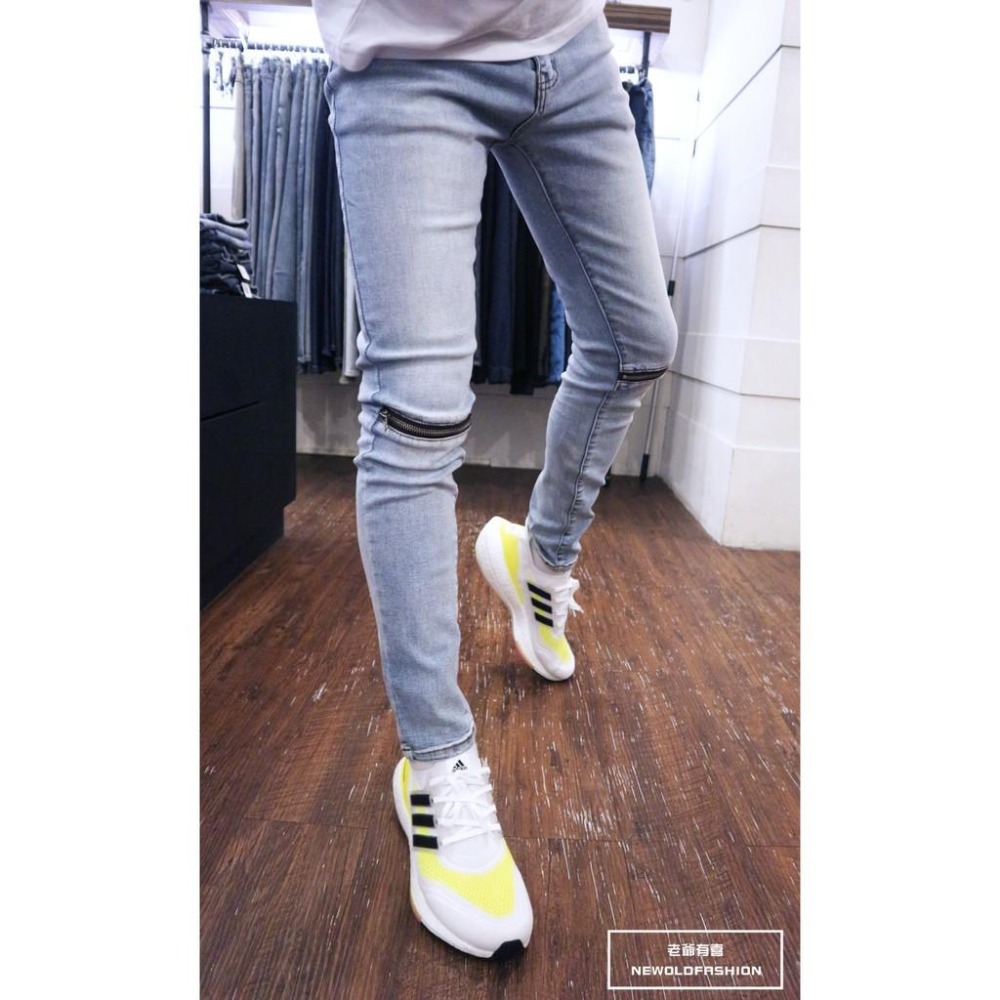 『老爺有喜』重磅淺刷白膝拉鍊小直筒褲 機車褲 彈性抽鬚 牛仔破褲 顯瘦修身窄管 補丁破壞牛仔褲(NOF2107L623)-細節圖4