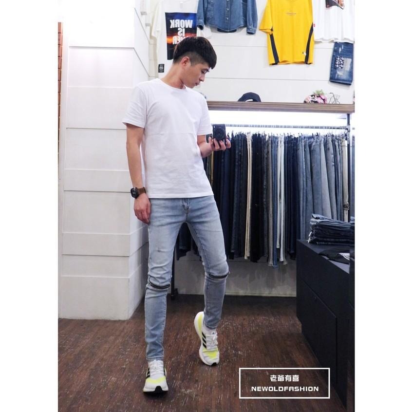 『老爺有喜』重磅淺刷白膝拉鍊小直筒褲 機車褲 彈性抽鬚 牛仔破褲 顯瘦修身窄管 補丁破壞牛仔褲(NOF2107L623)-細節圖5