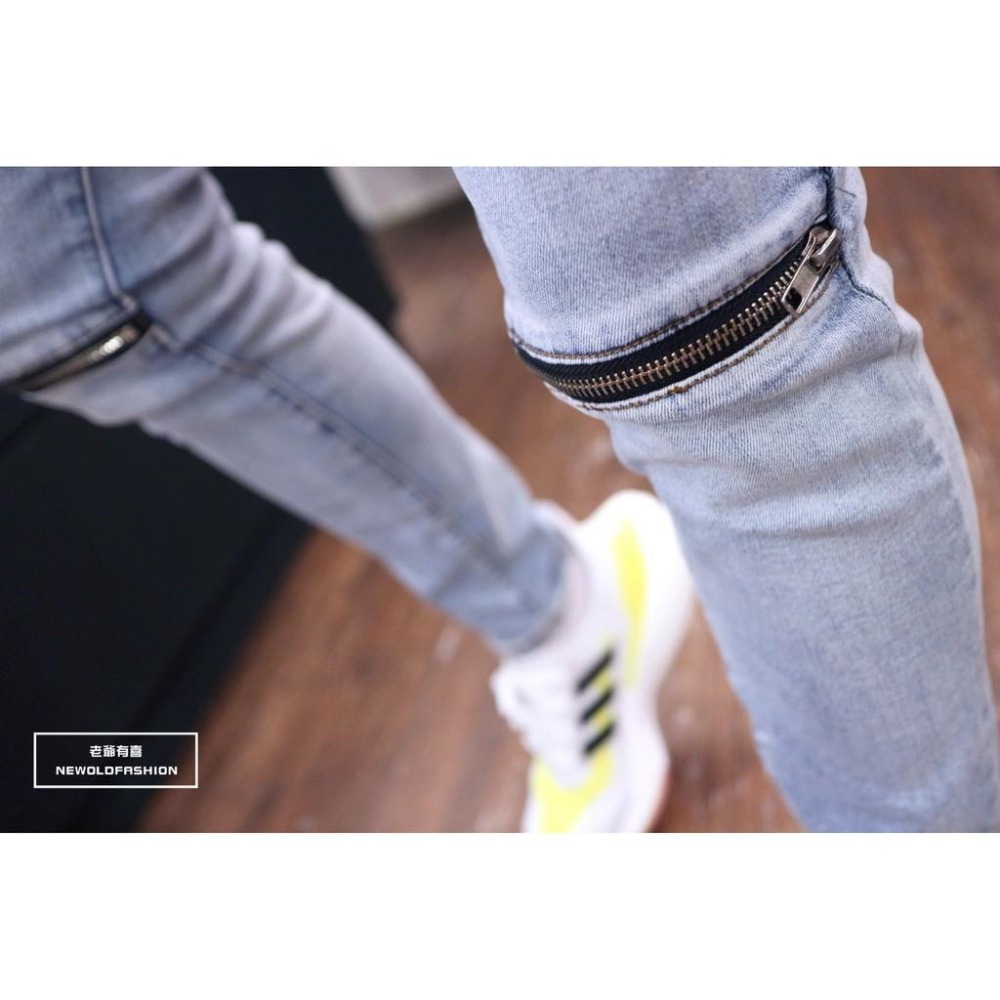 『老爺有喜』重磅淺刷白膝拉鍊小直筒褲 機車褲 彈性抽鬚 牛仔破褲 顯瘦修身窄管 補丁破壞牛仔褲(NOF2107L623)-細節圖7