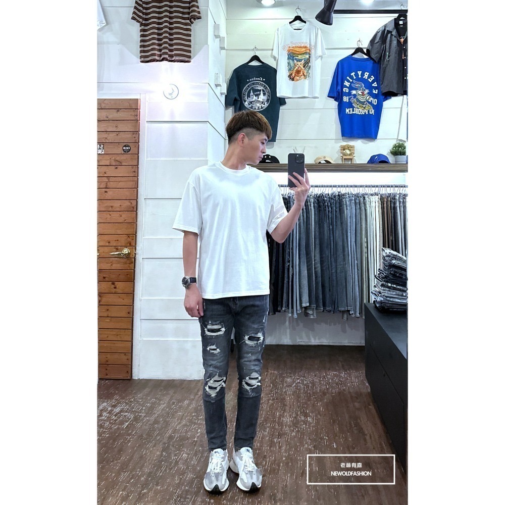 『老爺有喜』重磅五洞皮革機車補丁小直筒(NOF23085022) 彈性抽鬚 深色牛仔破褲 顯瘦修身窄管 補丁破壞牛仔褲-細節圖6