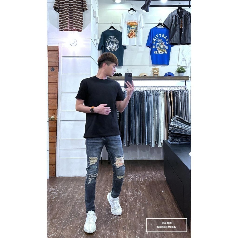 『老爺有喜』重磅彩色變形蟲補丁小直筒(NOF23085065)彈性抽鬚 深色牛仔破褲 顯瘦修身窄管 補丁破壞牛仔褲-細節圖2