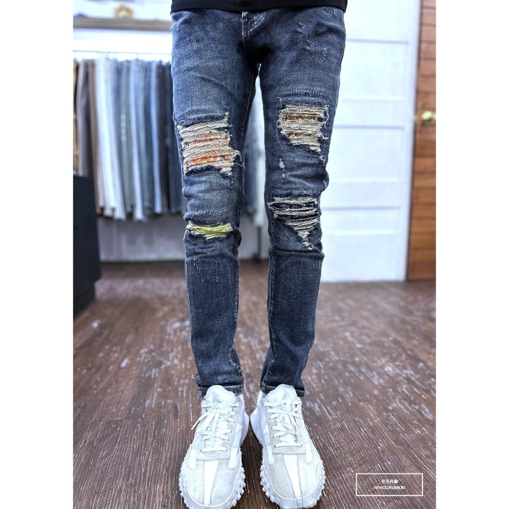 『老爺有喜』重磅彩色變形蟲補丁小直筒(NOF23085065)彈性抽鬚 深色牛仔破褲 顯瘦修身窄管 補丁破壞牛仔褲-細節圖3
