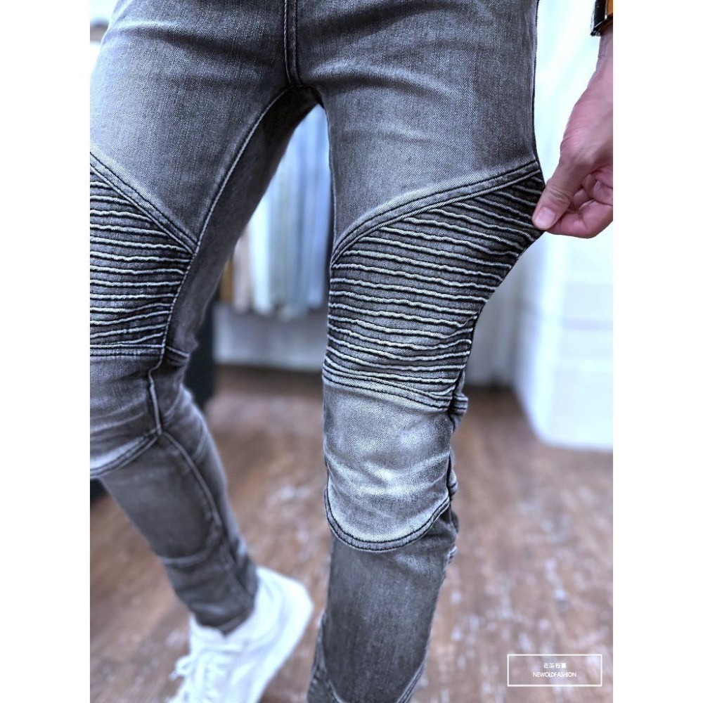 『老爺有喜』重磅煙灰機車補丁小直筒(NOF23085019)水泥灰 牛仔破褲 顯瘦修身窄管 補丁破壞 淺色牛仔褲-細節圖7