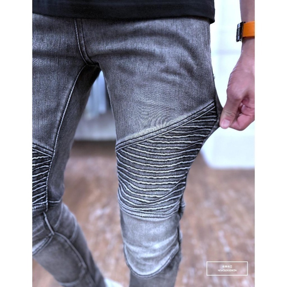 『老爺有喜』重磅煙灰機車補丁小直筒(NOF23085019)水泥灰 牛仔破褲 顯瘦修身窄管 補丁破壞 淺色牛仔褲-細節圖9