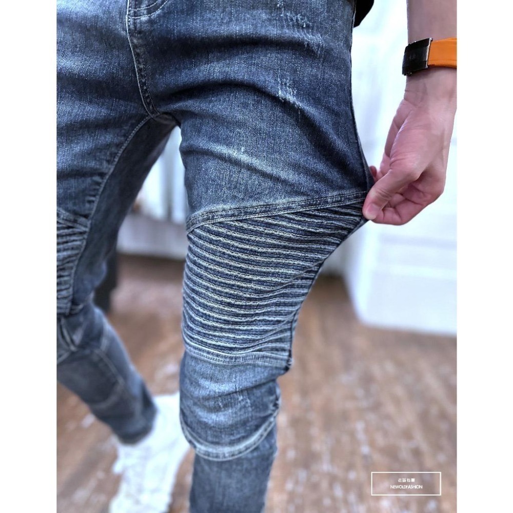 『老爺有喜』重磅深藍波浪機車補丁小直筒(NOF23085020)彈性抽鬚 深色牛仔破褲 顯瘦修身窄管 補丁破壞牛仔褲-細節圖2